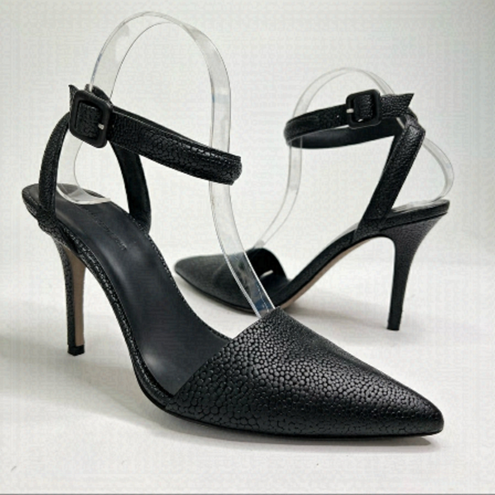 Alexander WANG Lovisa Sexy Black Pebbled Leather Ankle Buckle Pointed Toe Pumps